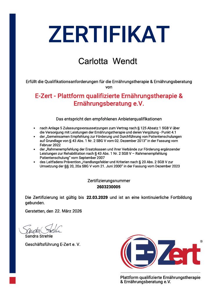 Zertifikat der Plattform E-Zert für krankenkassenanerkannte Ernährungsberatung in Kiel.