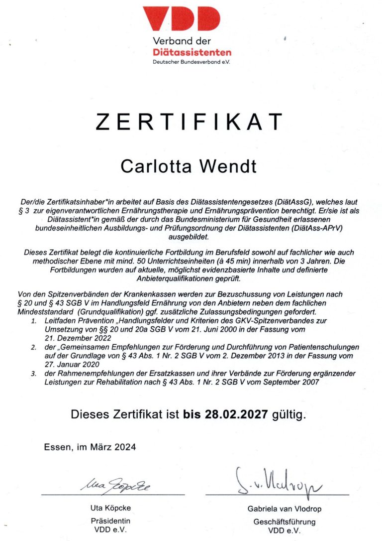 Zertifikat des VDD für die staatlich anerkannte Diätassistentin Carlotta Wendt aus Kiel.